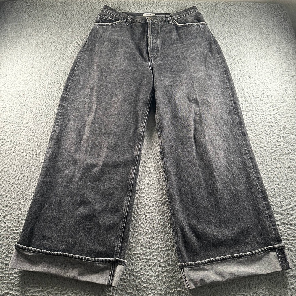 AGOLDE Dame Jeans Womens 30‎ Wide Leg High Rise Button Fly Washed Black Cuffed